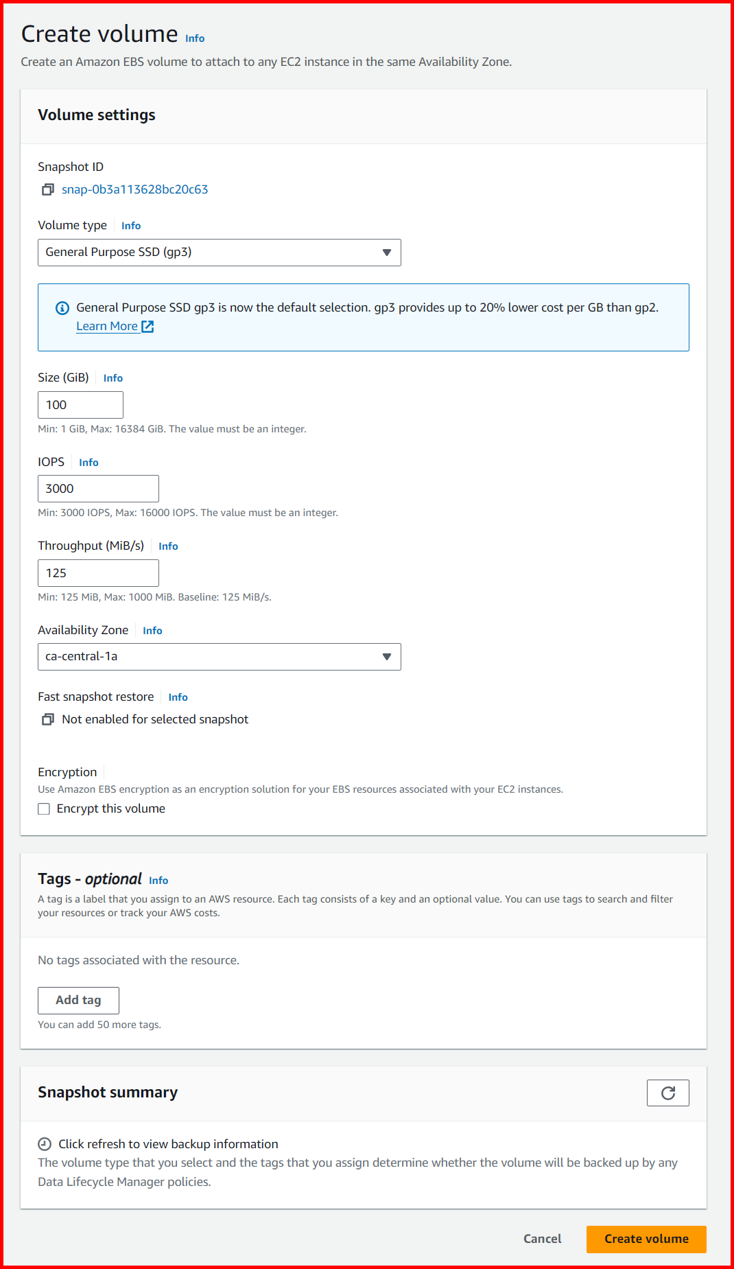 Picture showing the Create Volume screen for creating the volume in new region
